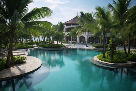 户外泳池边的椰子树背景图片