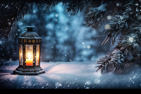 冬天夜晚下雪下漂亮的装饰灯背景