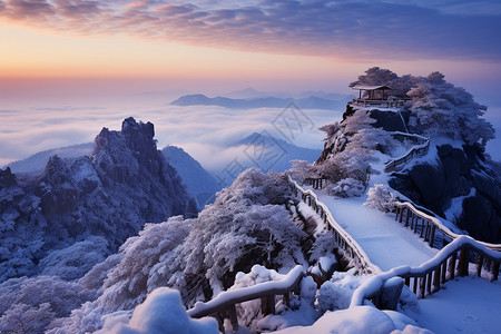 冬季的山顶木栈道图片