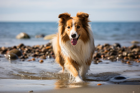 沙滩上玩耍的可爱小狗高清图片