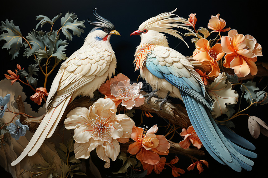 迷人的鸟儿和鲜花插图图片