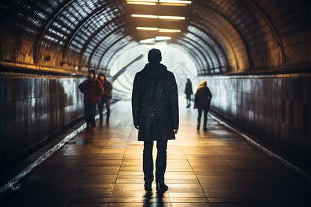 地铁入口独自行走的神秘男人背影背景