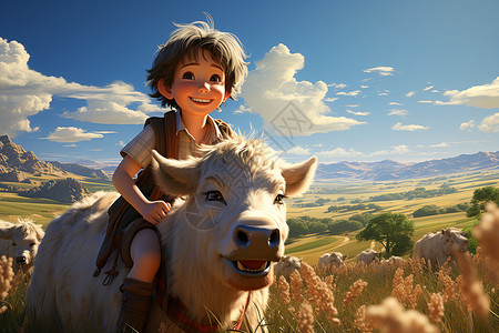 一个男孩骑着可爱的牛图片