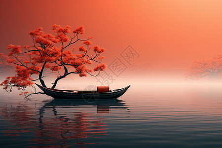 橙色的树秋天湖面上的一船一树设计图片