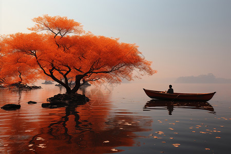 橙色湖面的渔船图片