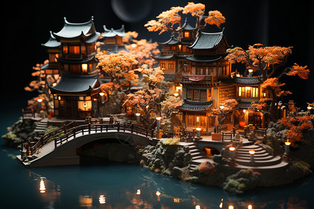 水乡园林微雕的中国园林亭台楼阁小桥流水模型设计图片