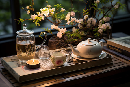 陶瓷制成的茶杯和茶壶配以龙井茶图片