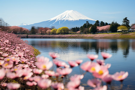 远眺富士山亚洲川口湖高清图片