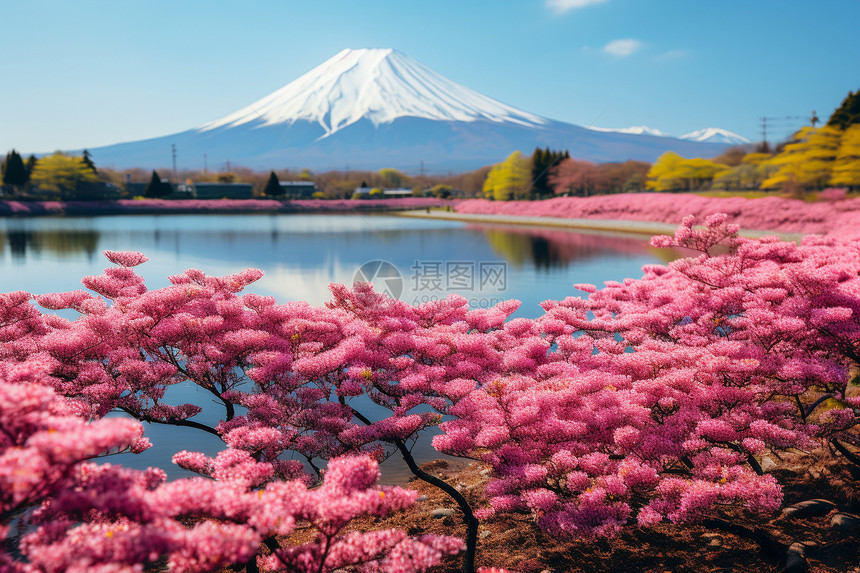 开满樱花的富士山脚下图片