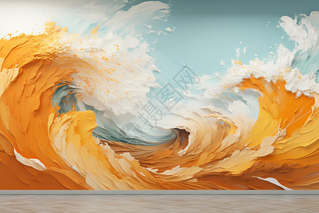 橙色海浪海洋立体壁画设计图片