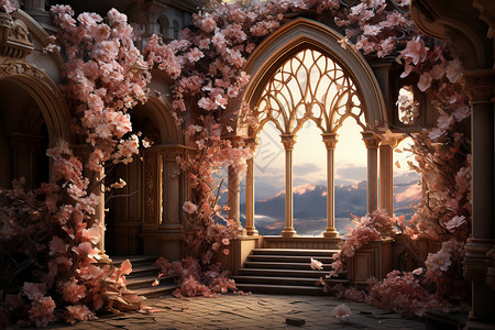 哥特式拱门粉色的花拱门设计图片
