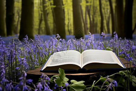 蓝色紫色花紫色花丛中的书背景
