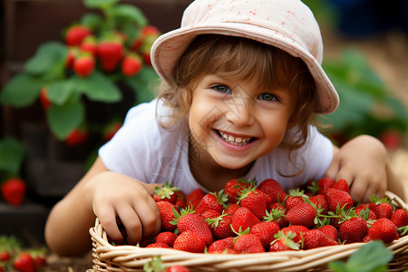 机器人采草莓孩子开心地采草莓背景