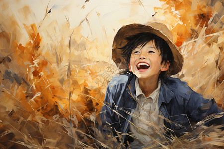 男生笑容麦谷上开心大笑的戴帽小男孩插画