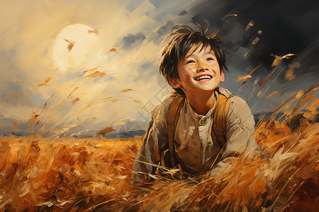 男生笑容金色稻田上喜悦的小男孩插画