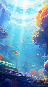 手绘多彩鱼丰富多彩的海洋景观插画