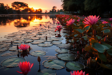 夏季公园池塘中美丽的莲花背景图片