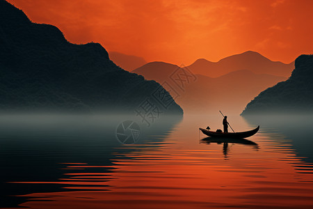 平静的水面橙色山水画卷插画