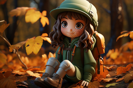 小女孩童子军森林中戴帽子的卡通小女孩设计图片