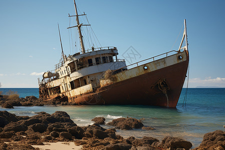 海岸线上的废弃渔船高清图片