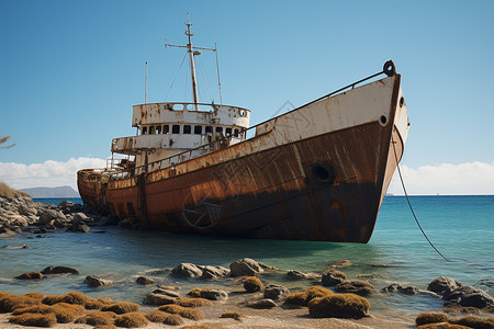 搁浅海岸线上生锈的沉船高清图片