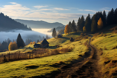 迷雾笼罩的山脉乡村景观图片