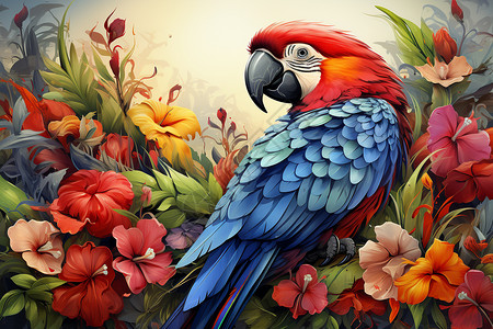 丰富多彩彩色花丛中的彩色鹦鹉插画