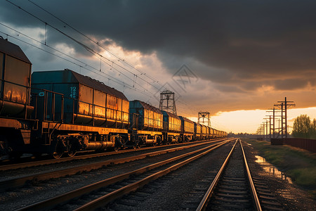 夕阳下的火车运输轨道图片