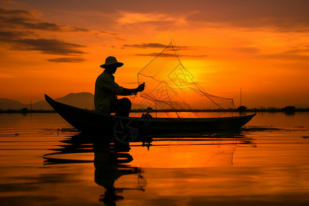 渔鱼日落时湖中渔船上的农民背景