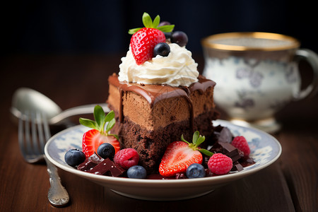餐盘中的水果巧克力蛋糕图片