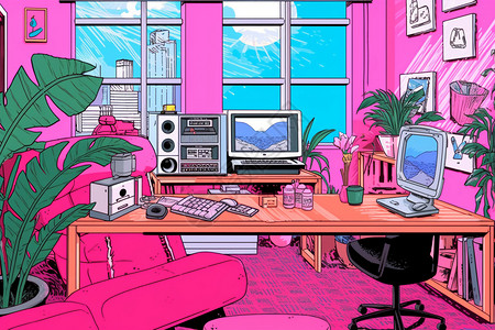 复古工作室粉色的时尚工作室插画