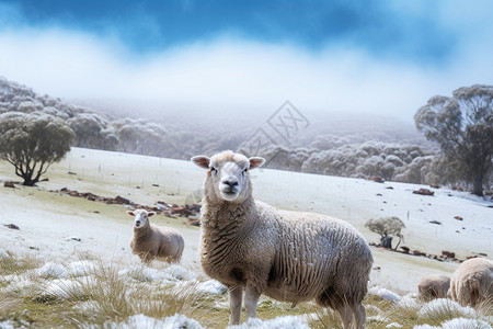 冬季农场寒冷雪山上的绵羊背景