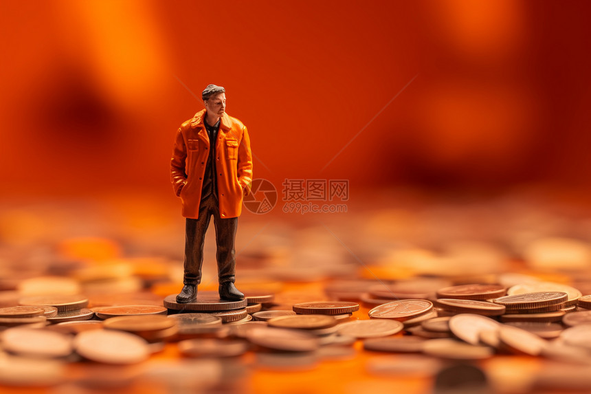 橙色背景下站在金币上的微距人物形象图片