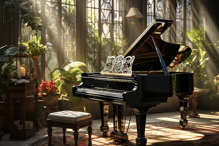 阳光明媚的玻璃房里的古典钢琴图片