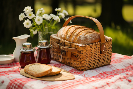 户外野餐篮中的面包图片