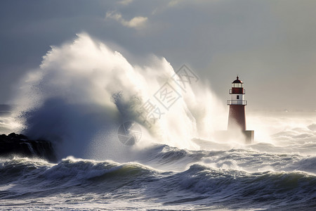 海浪扑向灯塔图片