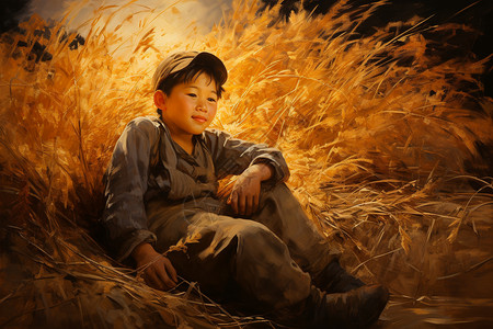 稻草艺术小男孩坐在稻草上插画