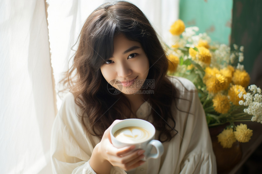 休闲喝咖啡的年轻女子图片