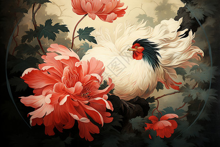 中式绘画花丛中的公鸡插图背景图片