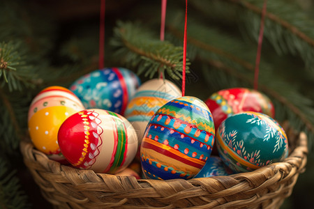 圣诞树花纹篮子里的彩蛋背景