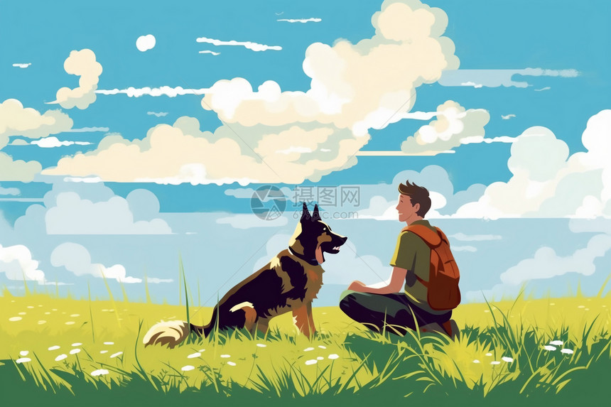 一起坐着的男孩和狗狗图片