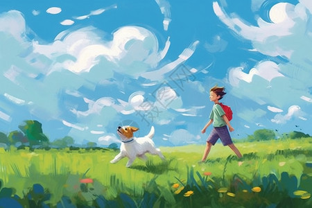 在草地上的男孩和狗狗背景图片