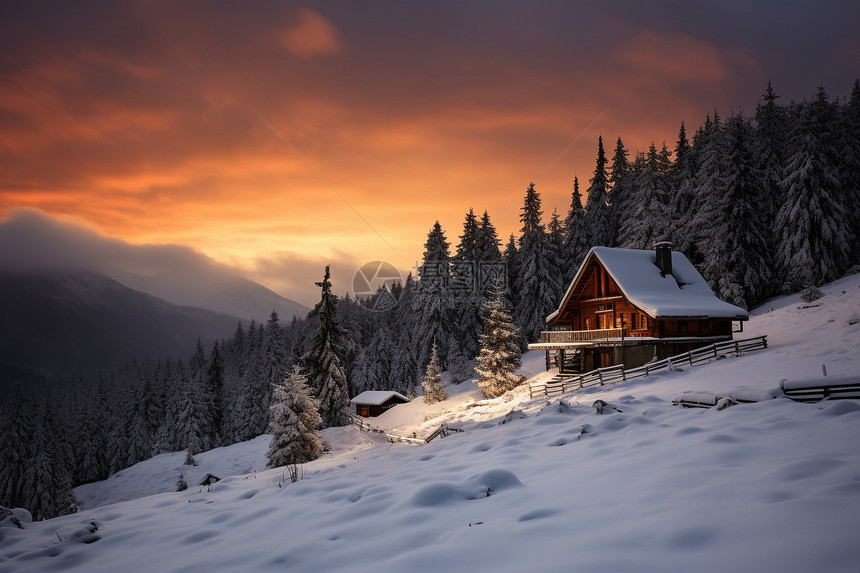 白雪覆盖的森林木屋景观图片