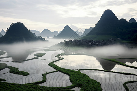 薄雾弥漫的稻田景观图片