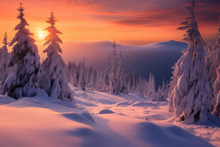 夕阳下大雪覆盖的雪山图片