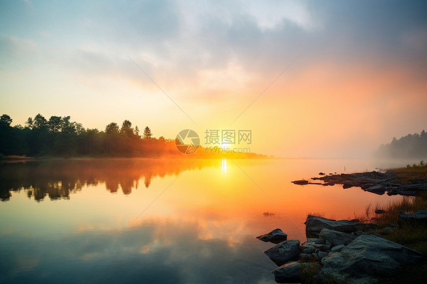 平静河流上的日落图片