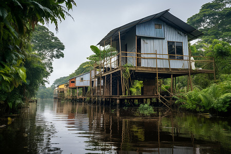 亚马逊河流上的木质住宅背景