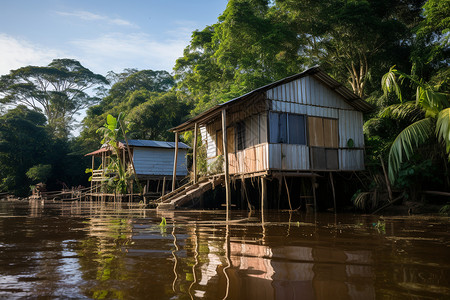 亚马逊河热带河流上的木屋背景