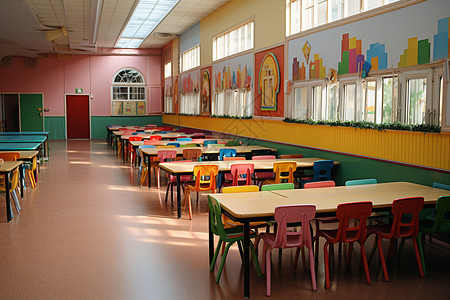 桌椅整齐的幼儿园活动室高清图片