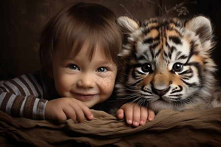 一只小老虎人类幼崽和小老虎背景